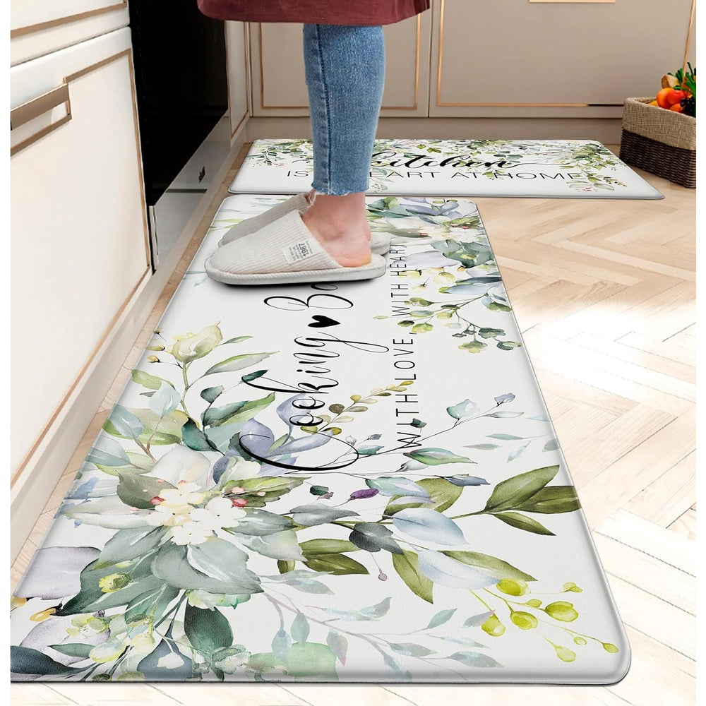 Weesire Green Kitchen Mat Anti  Mats for Kitchen Floor Kitchen Rugs Sage Green Floral Herb Kitchen Mat Cushioned PVC Leather Kitchen Mat Sets(17x28 Inch, 17x48 Inch)