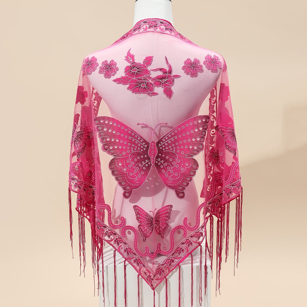 [Elegant Scarf] Elegant Breathable Triangle Scarf - 29.5"×55.1" Butterfly Flower Embroidery Lace Tassel Shawl Windproof Wrap Outdoor Accessories