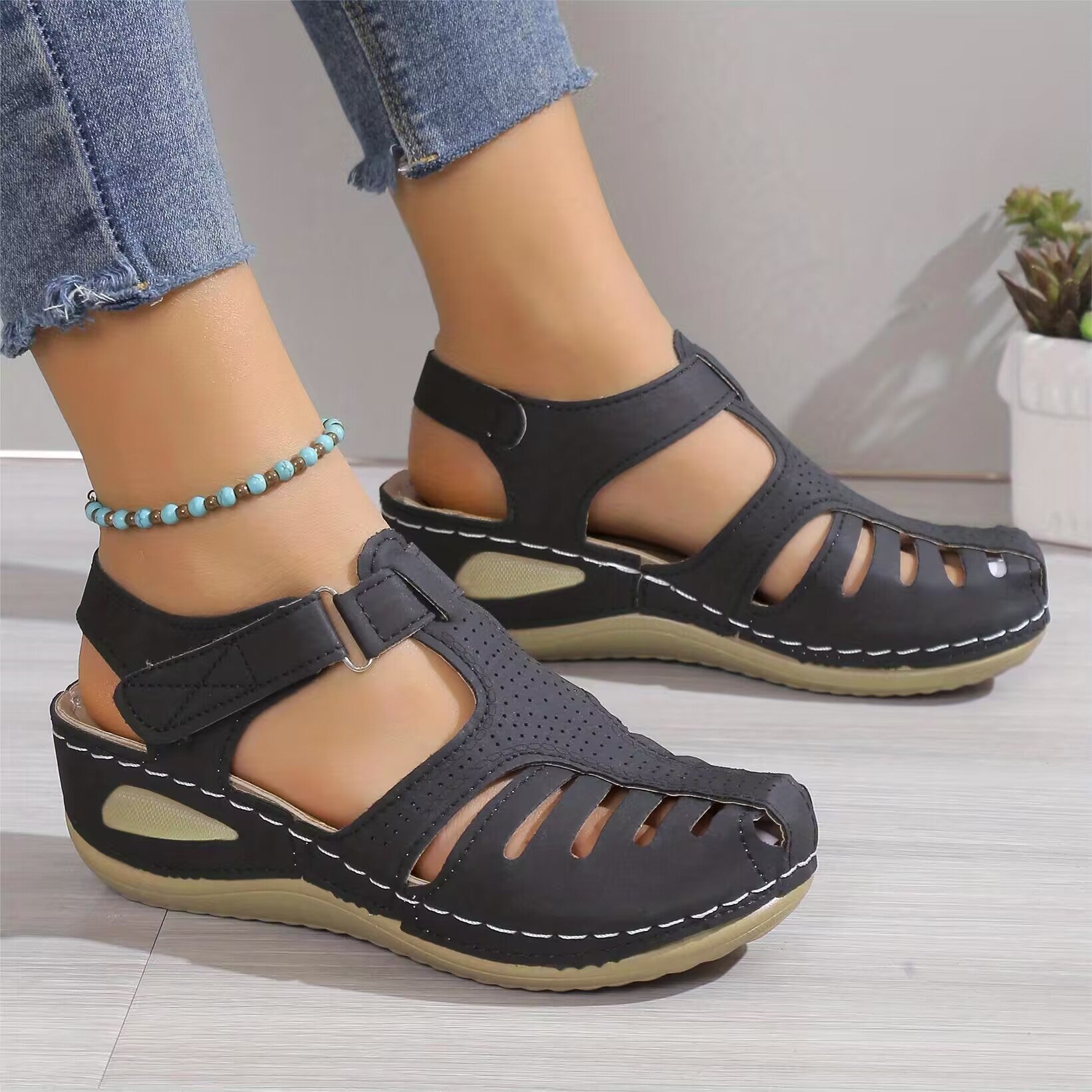 Women's Platform Sandals, Closed Toe Round Toe Solid Color Ankle Strap Sandals, Women's Hook And Loop Shoes