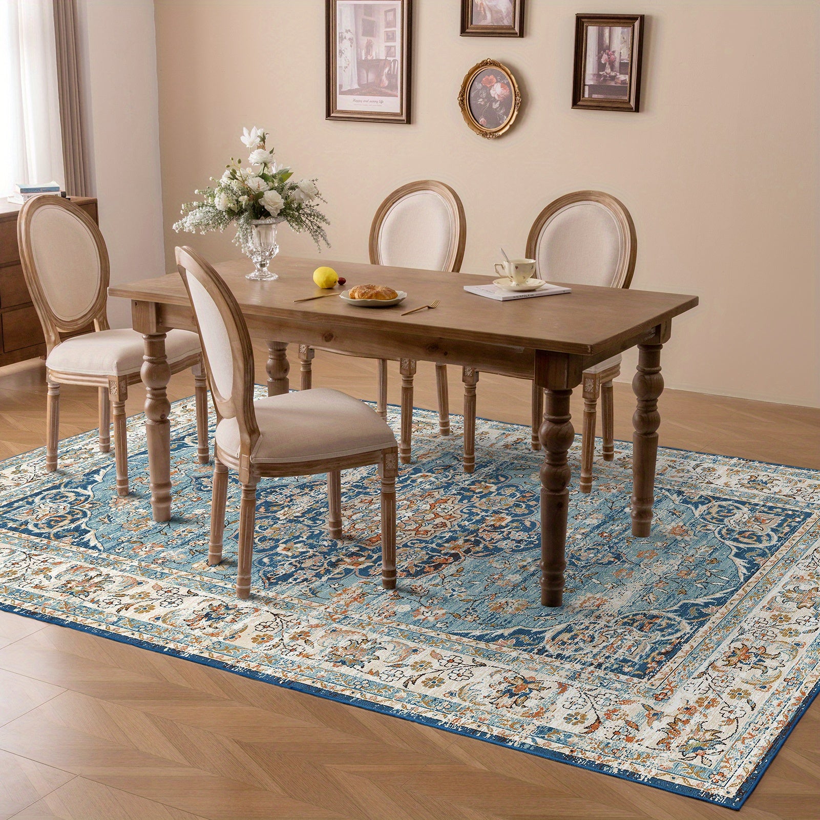 Machine Washable Rug with Non-Slip, Blue Area Rug, Vintage Boho Area Rug for Living Room Bedroom Dining Home Office Rugs