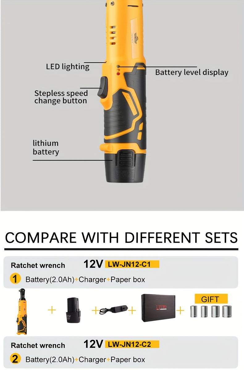LYUWO 1 Set 12V Cordless Electric Wrench, 45NM 3/8'' Ratchet Illuminated Remove Screws & Nuts Automotive Repair Tool, Right Angle Wrench, Power Tools