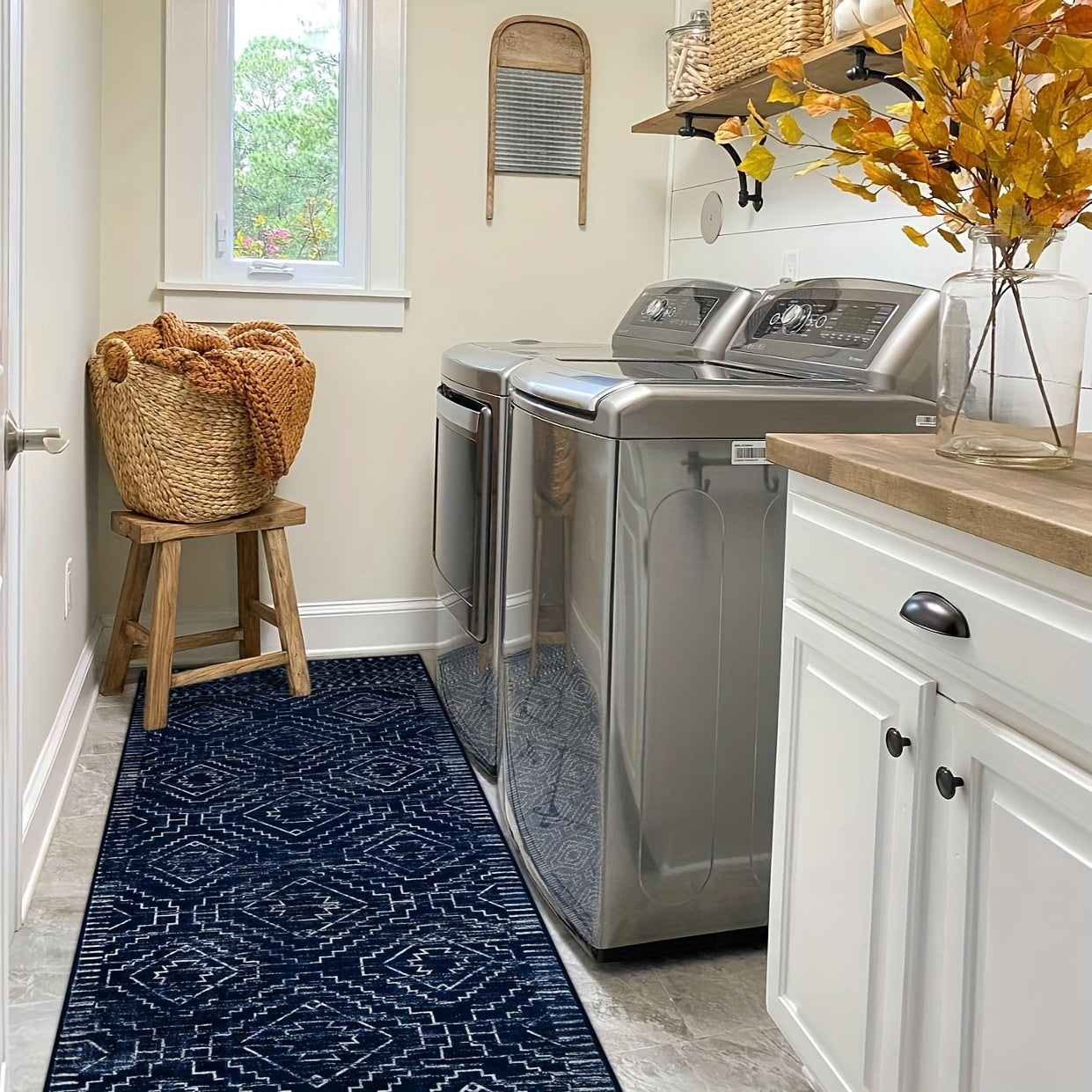 Moroccan Blue Geometric Runner Mat – Soft, Washable, Non-Slip Polyester Mat for Kitchen, Hallway, Bedroom, Bathroom & Closet, 2'6"x8', Rustic Entryway Floor Decor, Kitchen Rugs