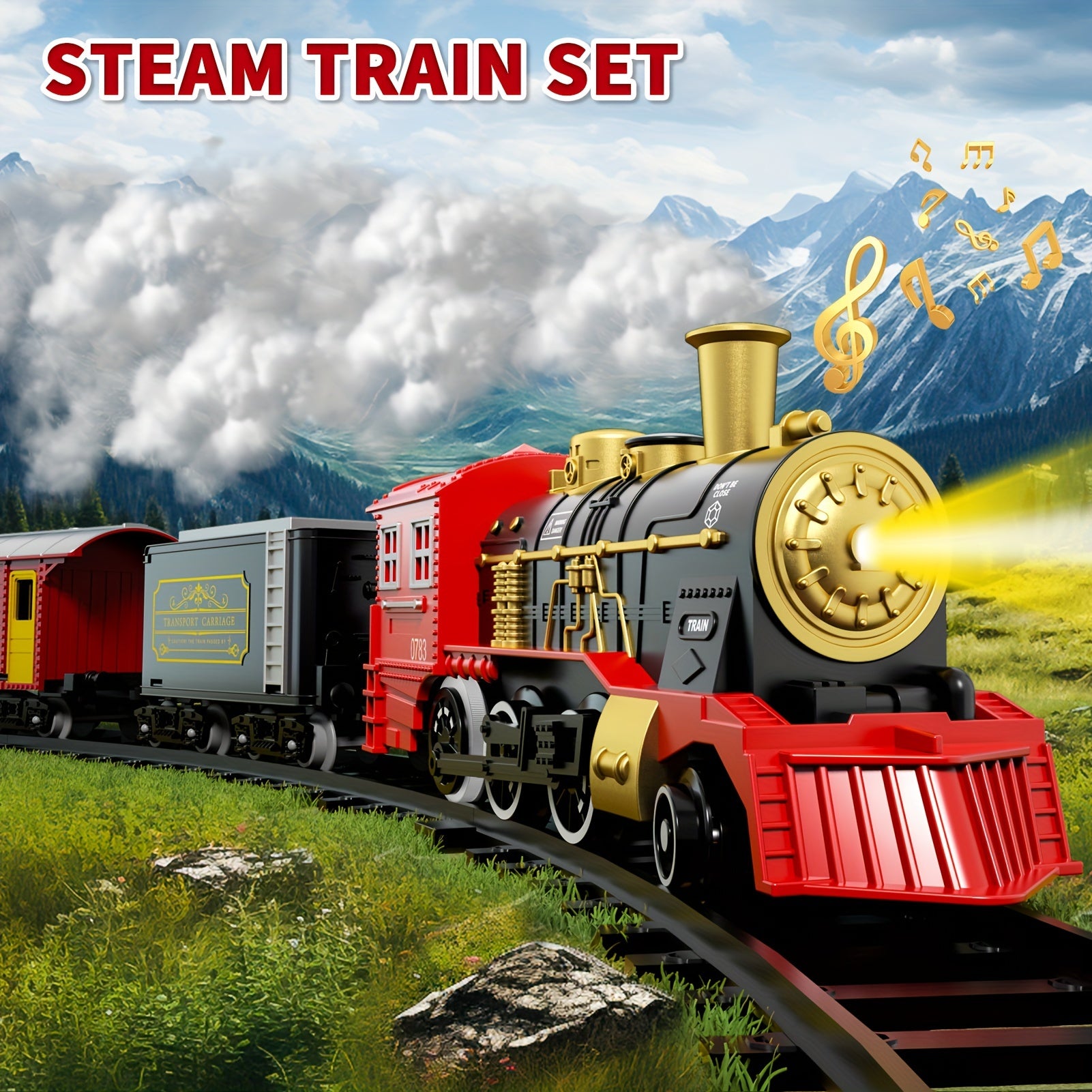 Electric Train Set for Kids Boys and Girls, Classic Christmas Train Toys, Steam Locomotive Engine, Lights & Sound, Tracks, Birthday Toy