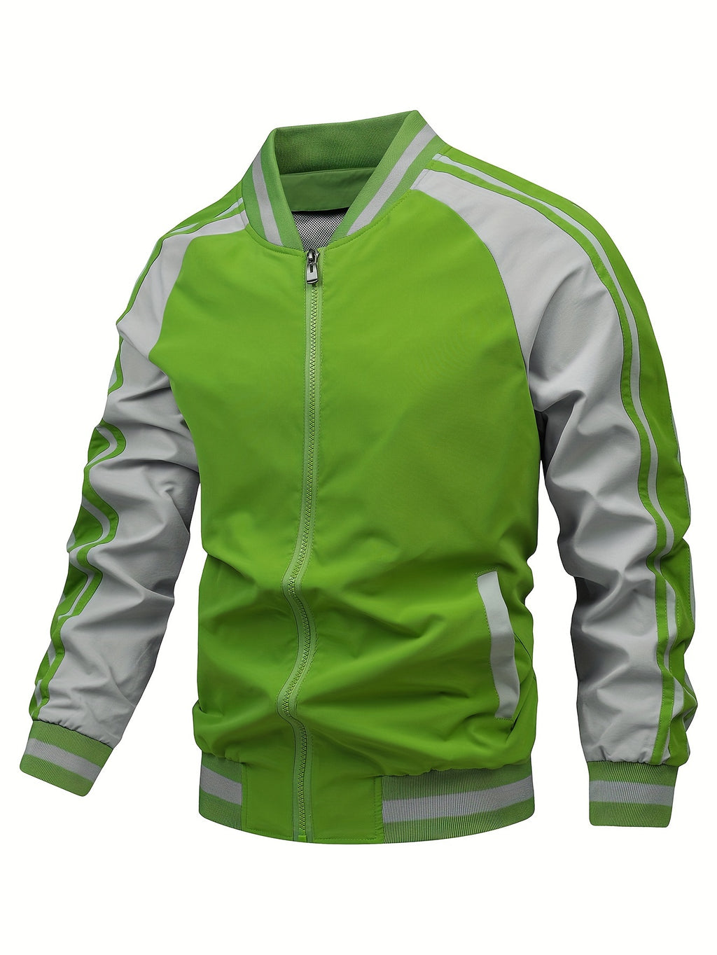 Men's Color Block Graphic Sports Jacket, Casual Striped Zip Up Varsity Jacket For Outdoor Fall Winter