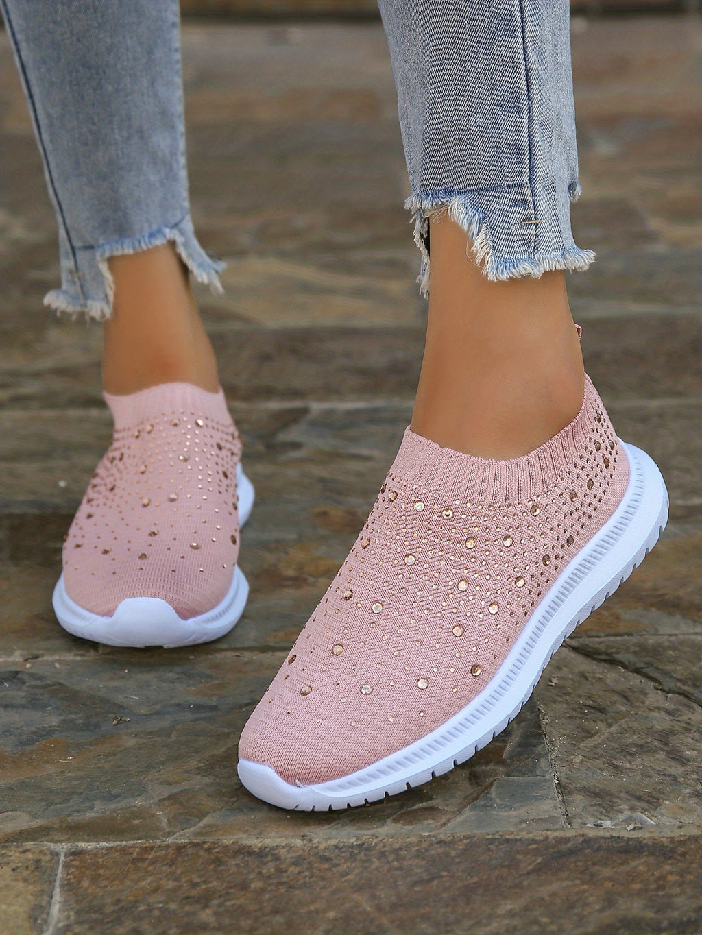 Women's Rhinestone Decor Slip-on Sneakers, Fly Woven Sports Shoes, Breathable Low Top Walking Shoes For Music Festival