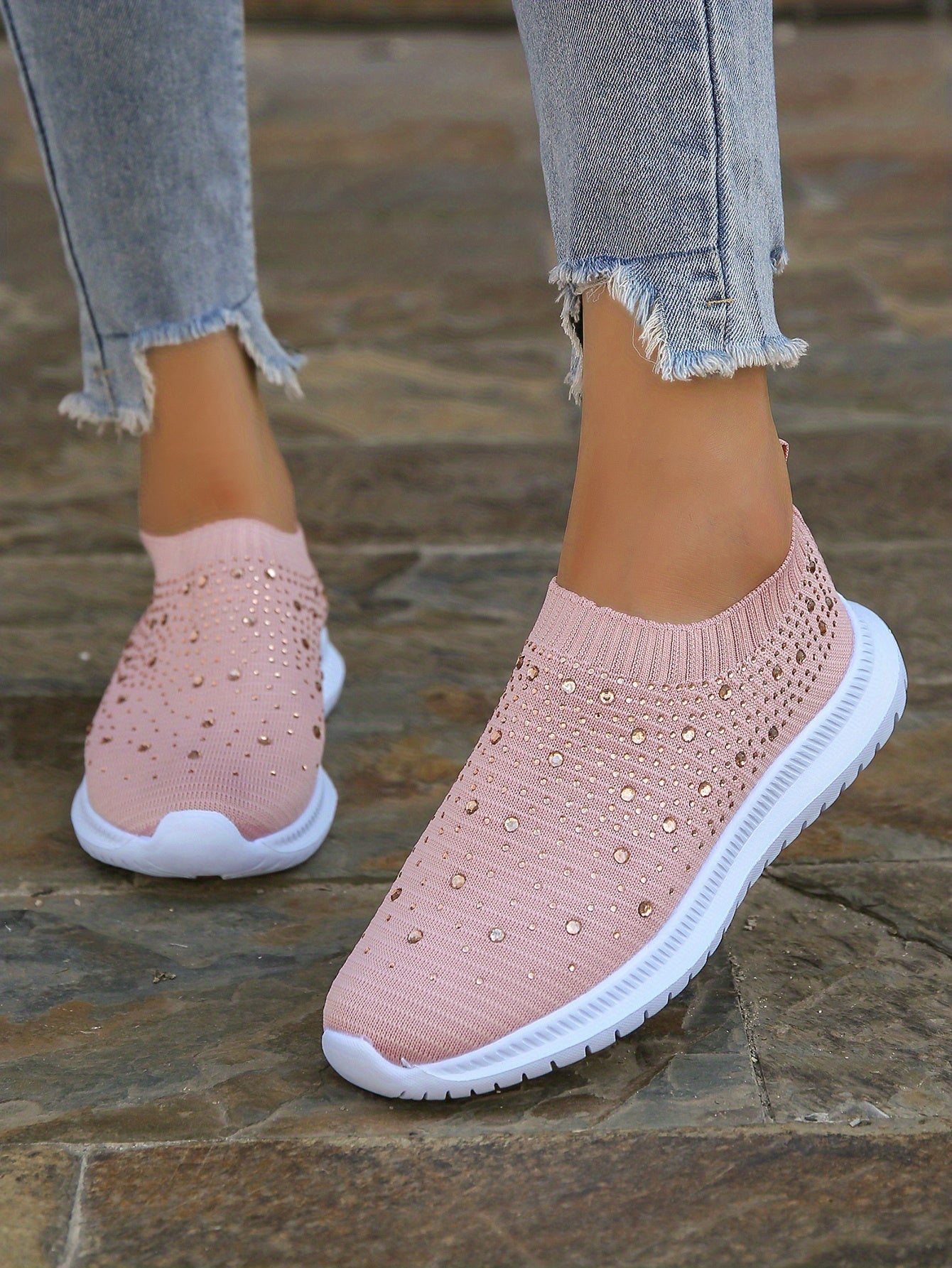 Women's Rhinestone Decor Slip-on Sneakers, Fly Woven Sports Shoes, Breathable Low Top Walking Shoes For Music Festival