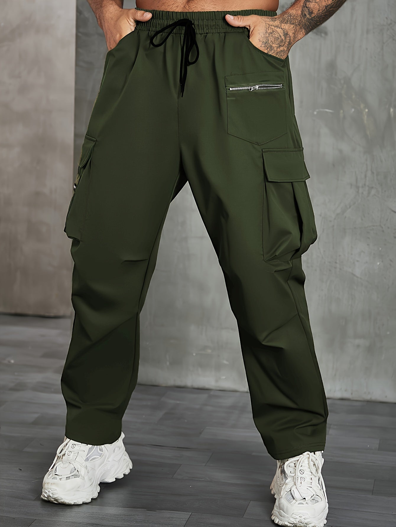 Plus Size Men's Solid Cargo Pants For Spring Fall, Outdoor Sports Pants For Males