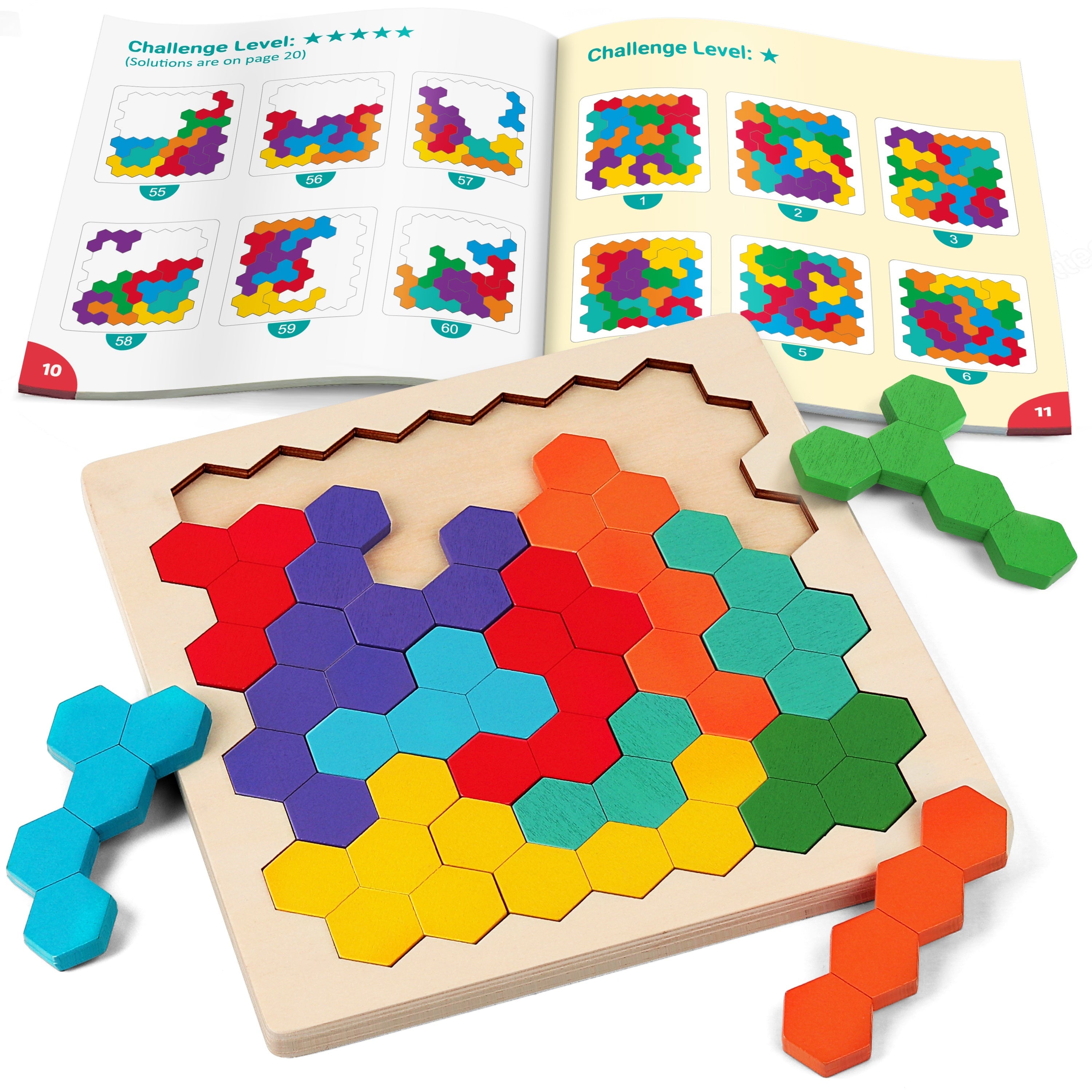 Coogam Wooden Tangram Puzzle, Color Shape Pattern Jigsaw Brain Teasers 3D Logic IQ Game Geometric Blocks STEM Educational Toys Gift For All Age