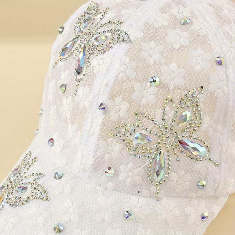 Lace Rhinestone Butterfly Baseball Cap Elegant Mesh Breathable White Sports Hats Adjustable Women Trucker Hats