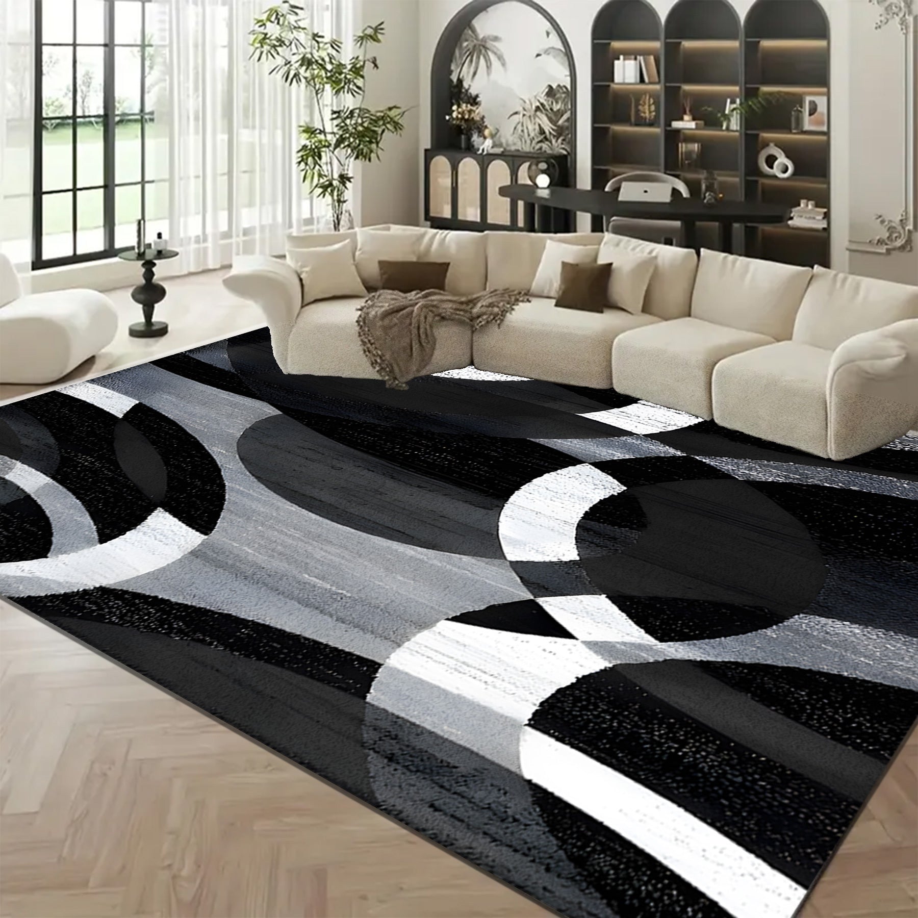 850gsm Velvet Area Mat - Modern Abstract Black & White Circular Pattern, Machine Washable Non-Slip Thick Pile, Ultra-Soft Durable Mat for Living Room Bedroom Entryway, Contemporary Home Decor, Large Area Rugs Living Room, Ent
