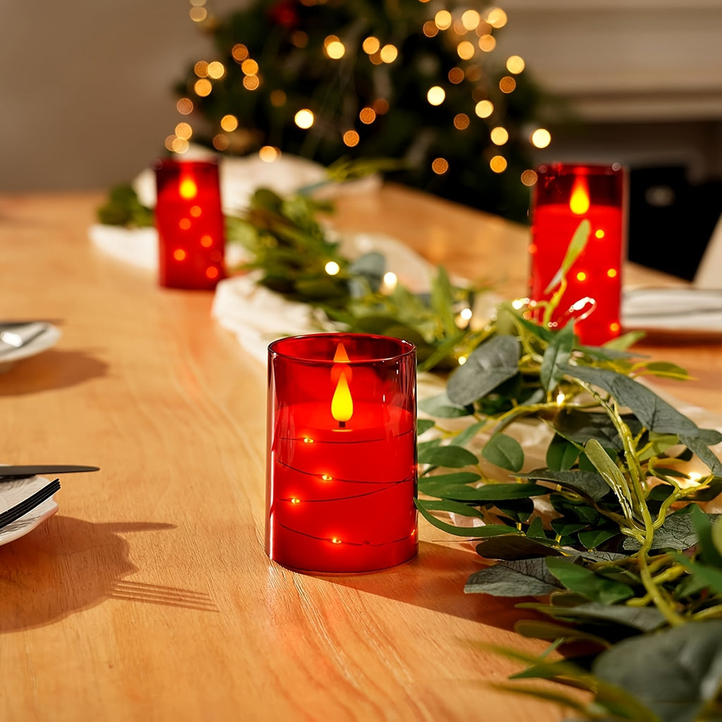 Flickering Flameless Candles with String Lights, Battery Operated Candles, Embedded String Lights LED Candles, Candles with Remote, Set Of 3