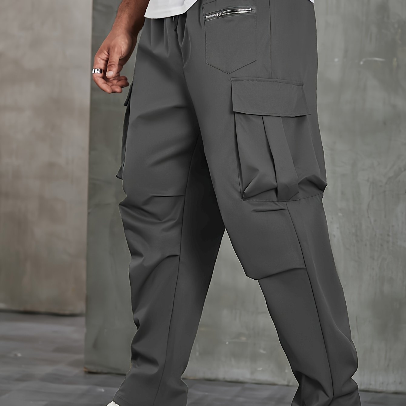 Plus Size Men's Solid Cargo Pants For Spring Fall, Outdoor Sports Pants For Males