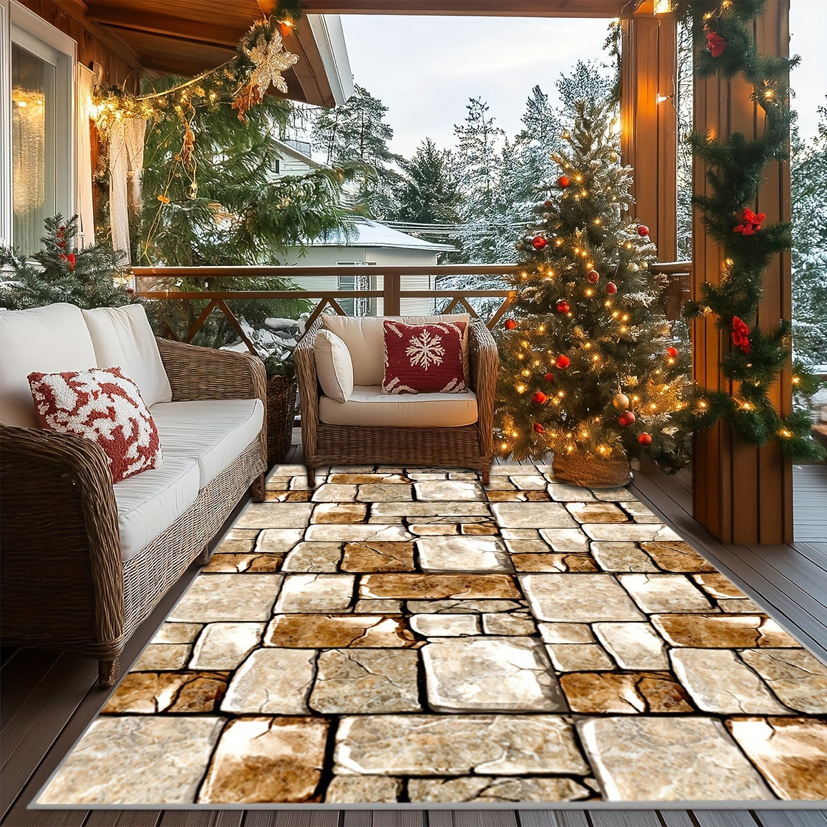 2025 New Large Stone Pattern Outdoor Rug - Non-Slip, Machine Washable, Absorbent Rectangular Mat For Patio, Garden, RV Camping - Durable Polyester, Indoor/Outdoor Use, Holiday Decor Rug | Natural Look Mat | Nonslip Backing, P