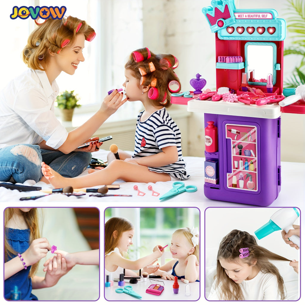 Jovow, Children's Dressing Table Set, 2-in-1 Dressing Table Luggage Trolley Box, Girl Pretending Makeup Toys, Princess Games, Lights And Music, Simulated Hair Dryer Lipstick, Halloween Christmas Gifts