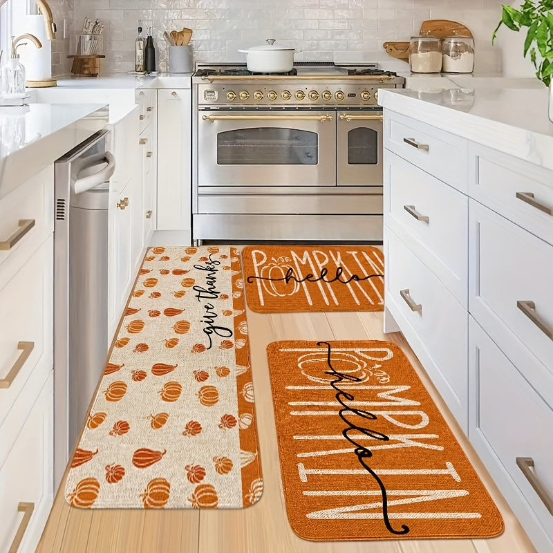 Thanksgiving Pumpkin Kitchen Mat Set (2/3pcs) - Soft, Non-Slip & Stain-Resistant Flannel Rugs for Fall Decor, Perfect for Home & Holiday Parties