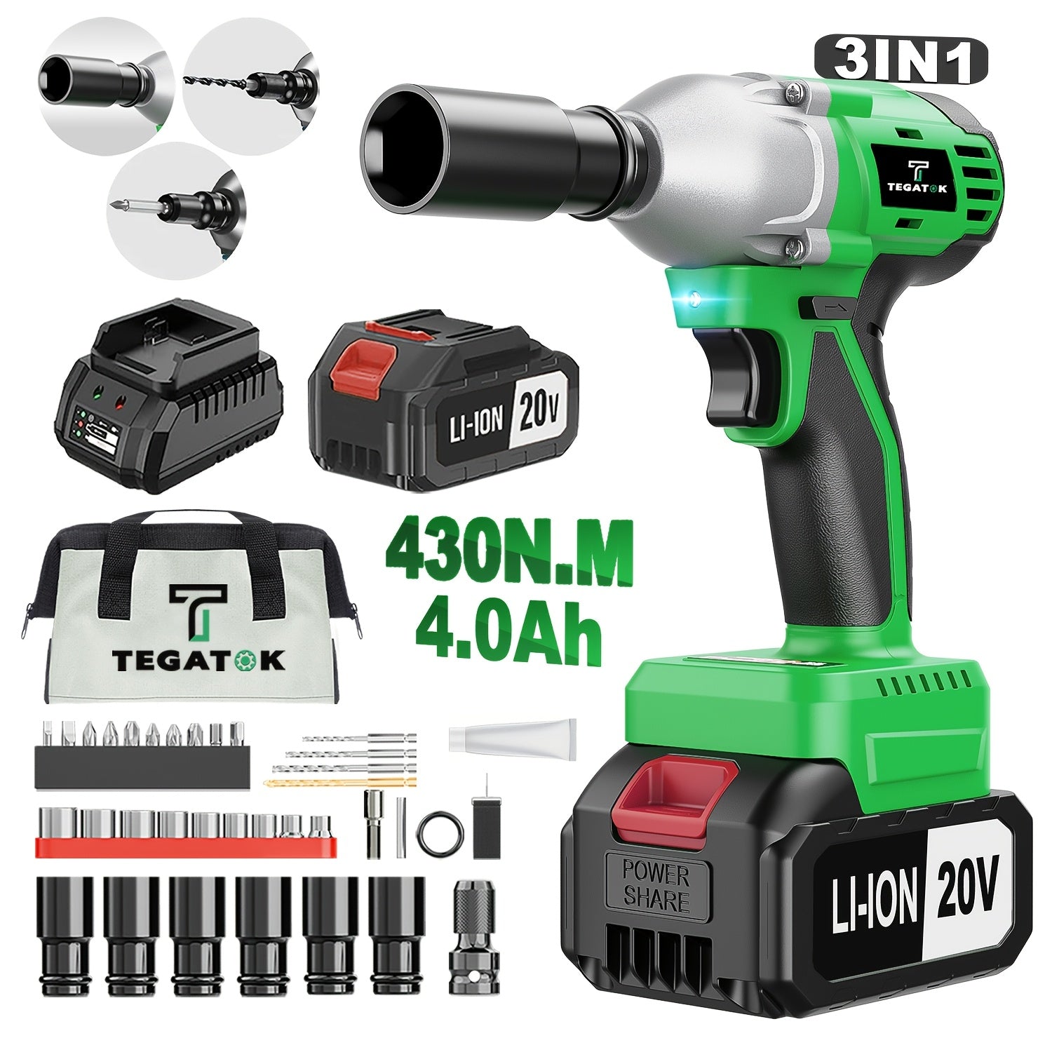 20V 4000MAH Cordless Impact Wrench And Drill Set, 3-in-1 Brushless Power