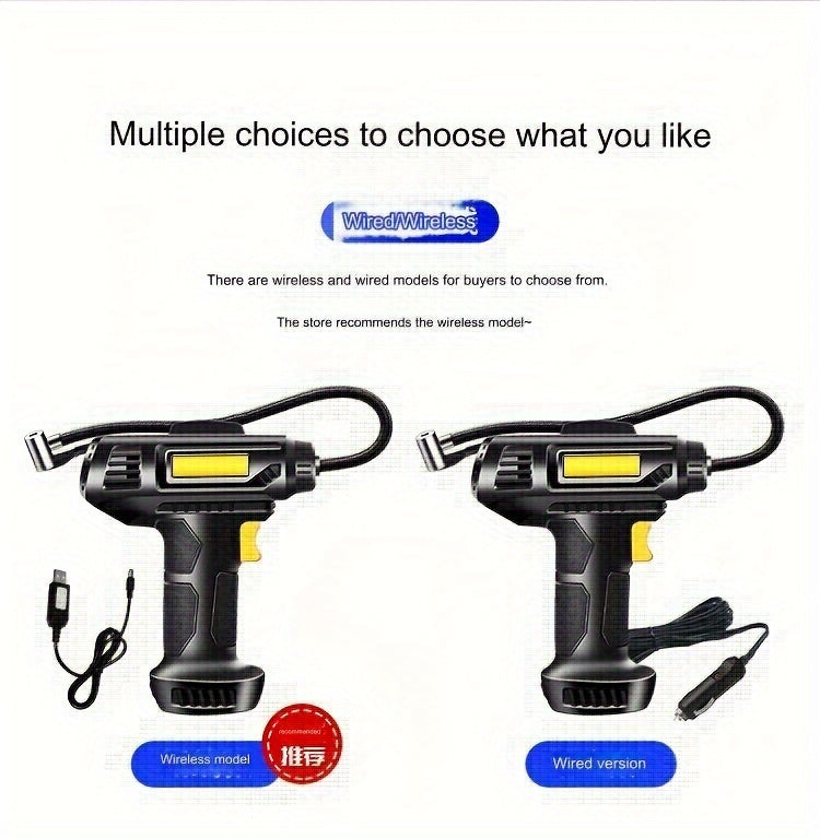 120W multi-function portable automotive air compressor, wired/wireless handheld automotive air pump electric, automotive tire inflator with LED lights