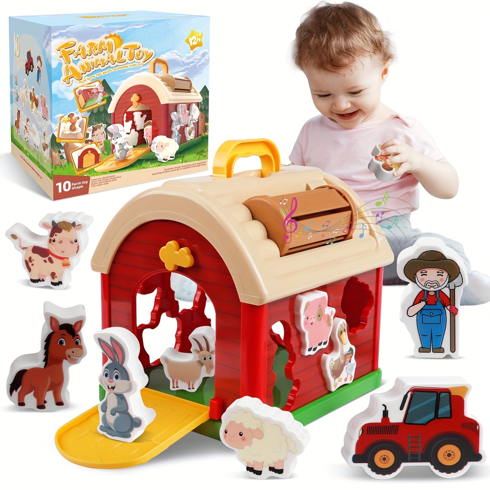 Big Red Take-Along Sorting Barn Toy with Handle, 10 Farm Play Pieces - Farm Toys, Shape Sorting & Stacking Learning Toys Christmas Birthday Gift for Youngsters Boys Girls Halloween Christmas Gift