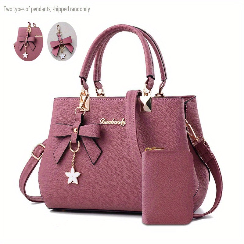 Chic Bow Decor Handbag for Women with Coin Purse, Adjustable Strap,