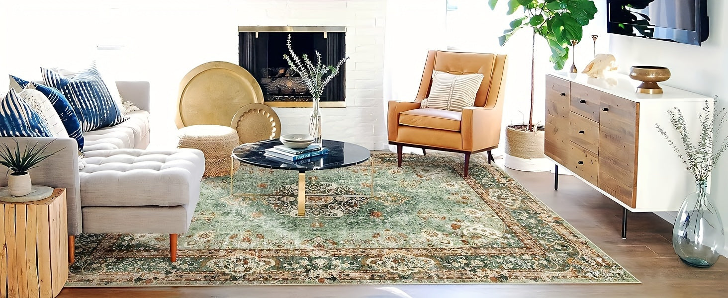 Large Living Room Carpet in Bohemian Style - Imitation Cashmere, Soft, And Washable Mat for Dining Rooms, with Anti-Slip Backing Suitable for Offices And Bedrooms. Ideal for Home Decoration, Including Green Bathroom Rugs