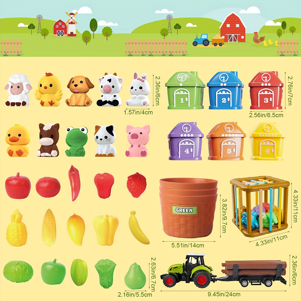 Montessori Toys For 1 2 3 Year Old Kids, 4 In 1 Farm Animals Barn Toys For Toddlers 1-3, Veenggie Sorting Set, Farm Tractor With Trailer, Stacking Toys Gift For Baby Boys Girls
