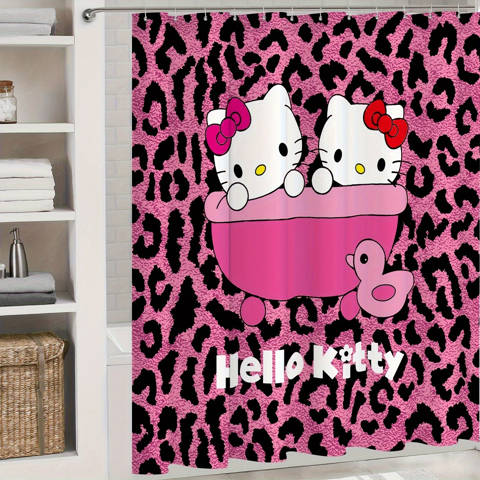 Machine Washable Sanrio Hello Kitty Bathroom Set with Stain Resistant Polyester, Knit Weave Style, Eyelet Hooks, Artsy Animal Theme Decor, Slip-Resistant Rugs and Bath Ensemble