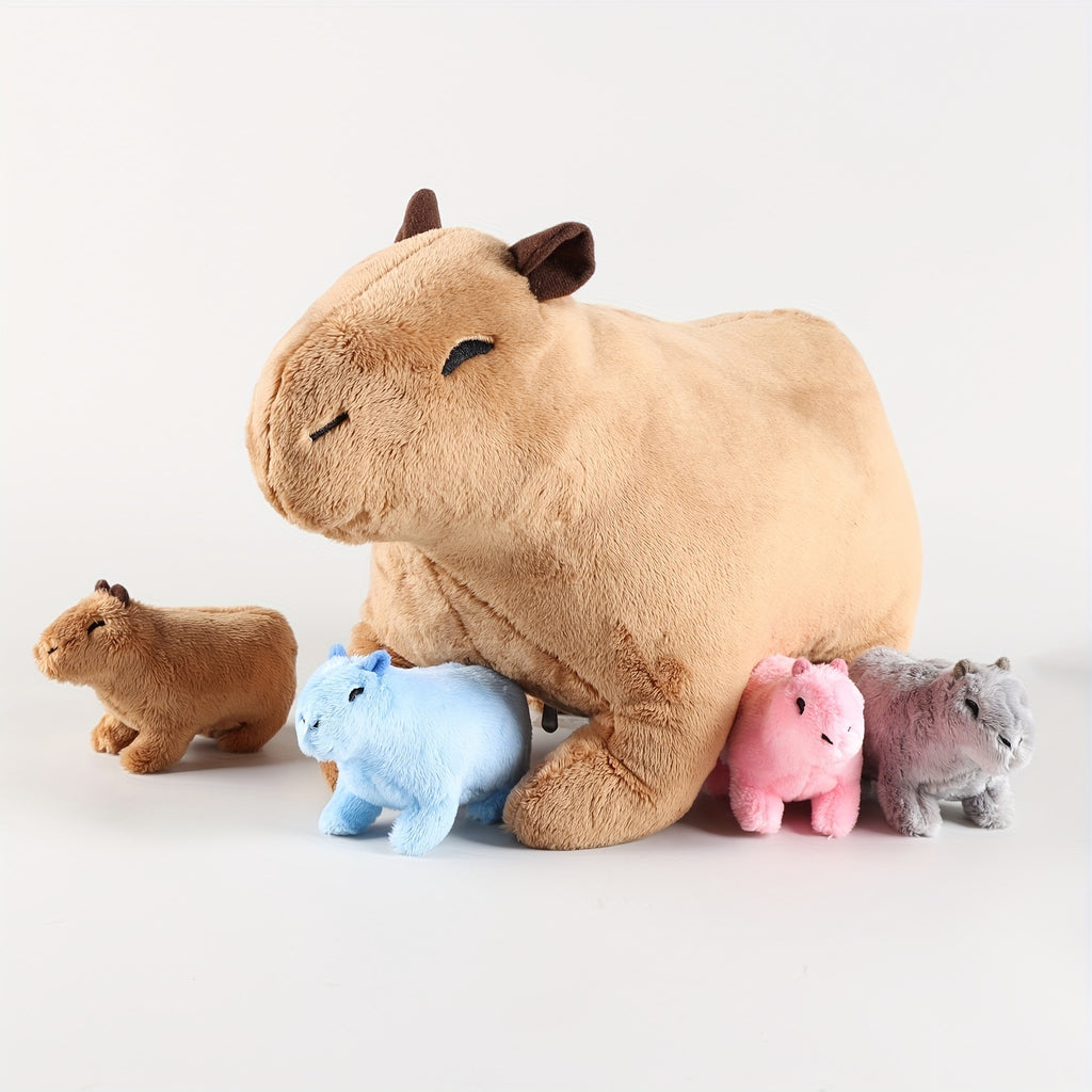 Kawaii Simulation Capybara Stuffed Animal-13.38'' Mommy Stuffed Capybara with 4 Mini Capybara Stuffed Animals Inside Zipper Tummy, Stuffed Simulation Capybara Toys for Kid Christmas