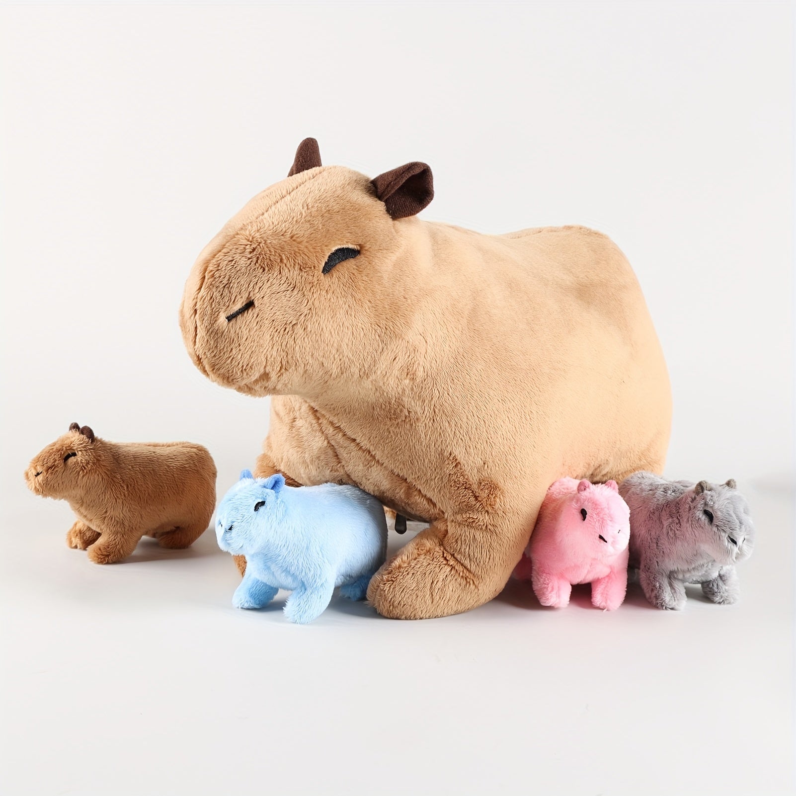 Kawaii Simulation Capybara Stuffed Animal-13.38'' Mommy Stuffed Capybara with 4 Mini Capybara Stuffed Animals Inside Zipper Tummy, Stuffed Simulation Capybara Toys for Kid Christmas
