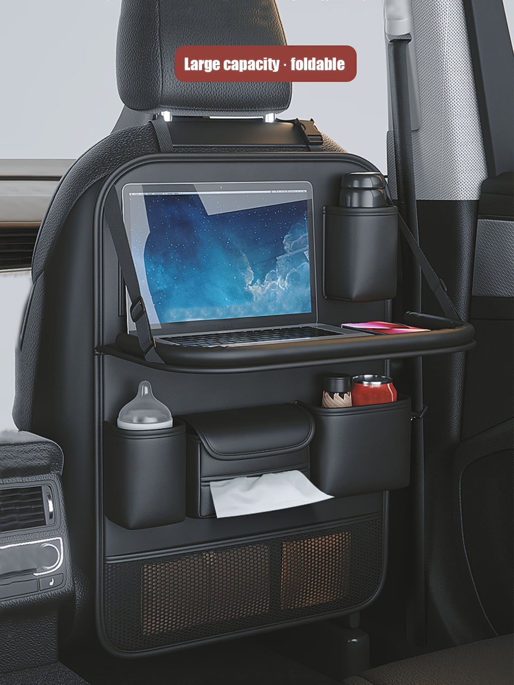 1pc/2pcs Heavy-Duty PU Leather Car Backseat Organizer with Foldable Table Tray