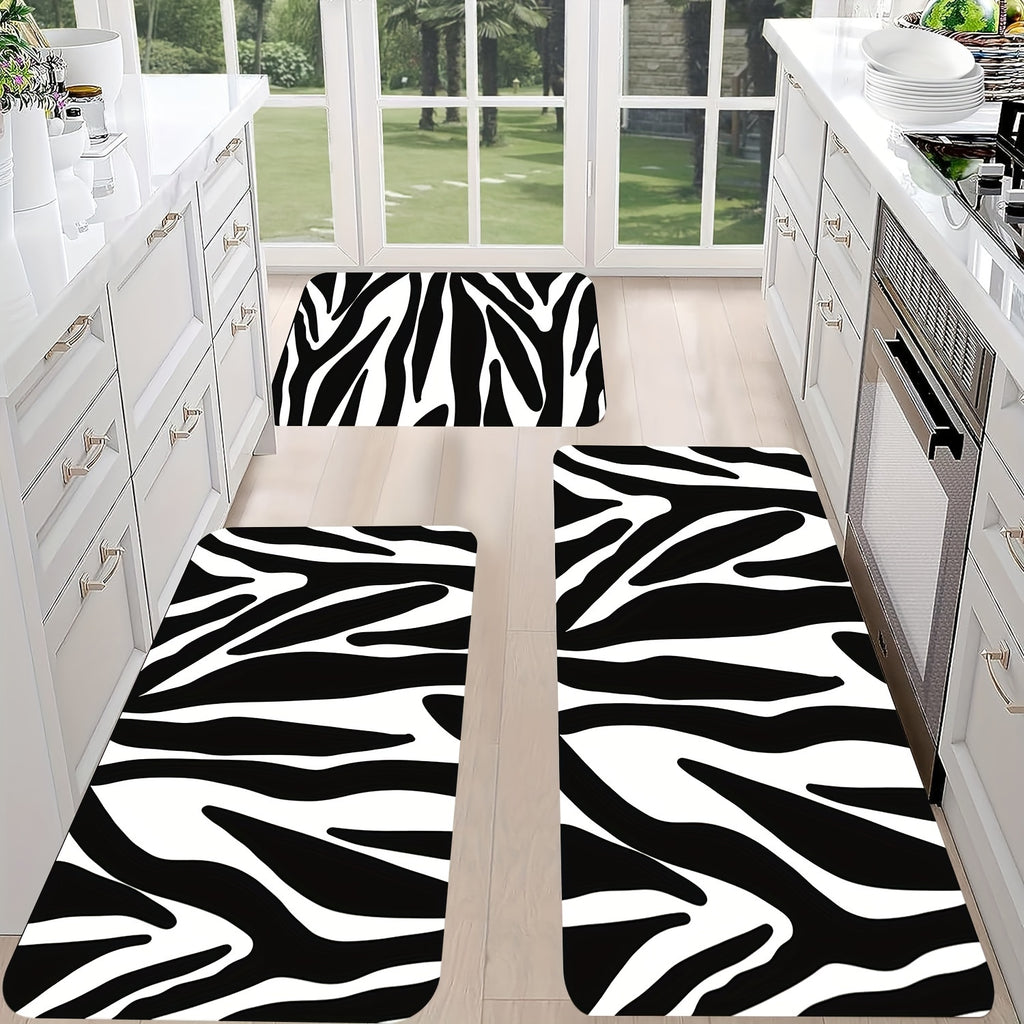 Anti-Fatigue 2pc/3pcs Zebra Print Kitchen Rugs Set - Non-Slip Flannel Carpet, Easy Clean, Stain-Resistant, Machine Washable, Polyester - for Sink, Bedroom, Living Room, Dining Area, Home Decor