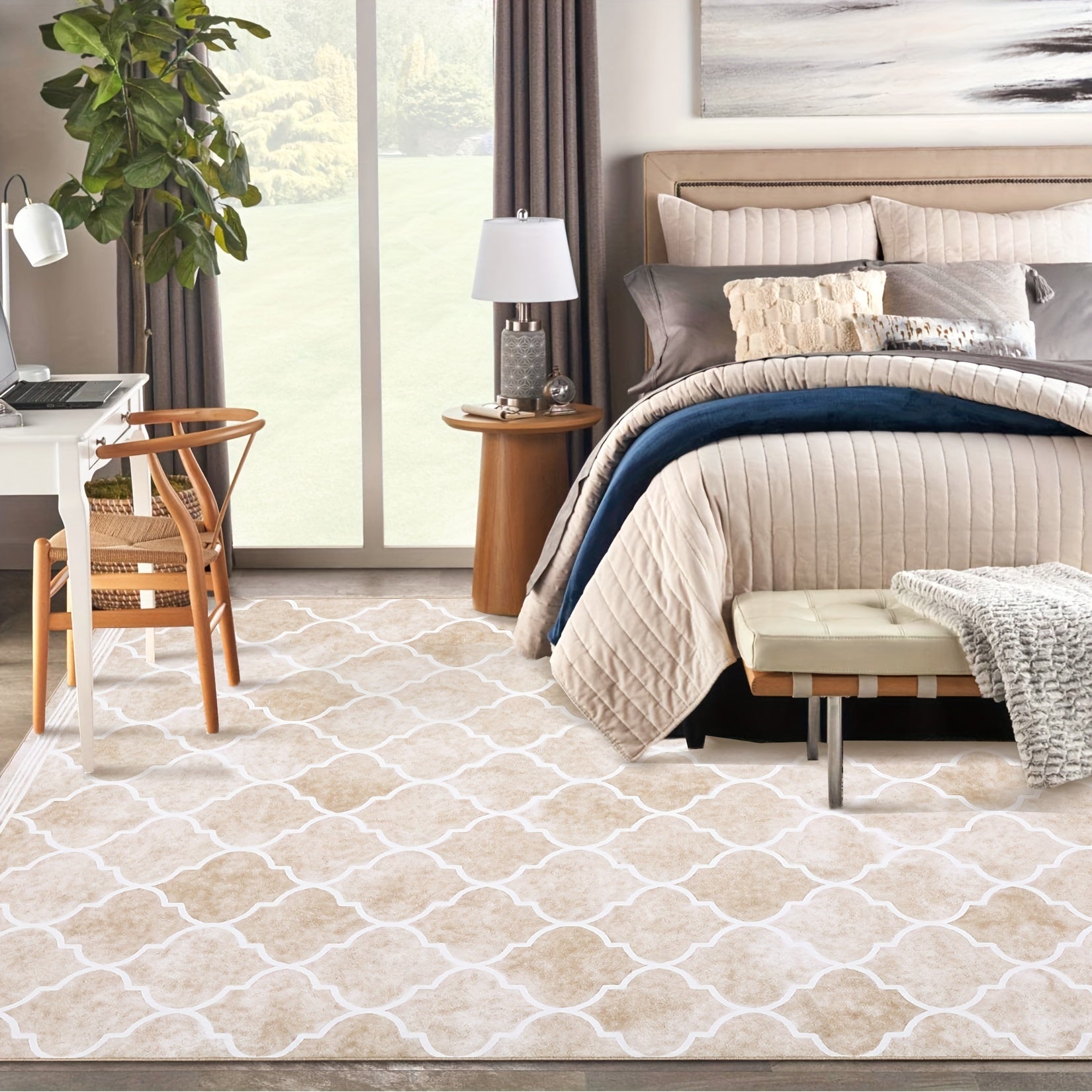1 pc Area Rug Living Room Carpet Large Moroccan Soft Fluffy Geometric Washable Bedroom Rugs Dining Room Home Office Low Pile Decor Under Kitchen Table, Light Brown