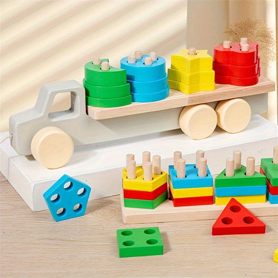 Children's wooden toys for early education, children's shape matching puzzle car, wooden trailer toy, baby shape recognition toy car, holiday gift