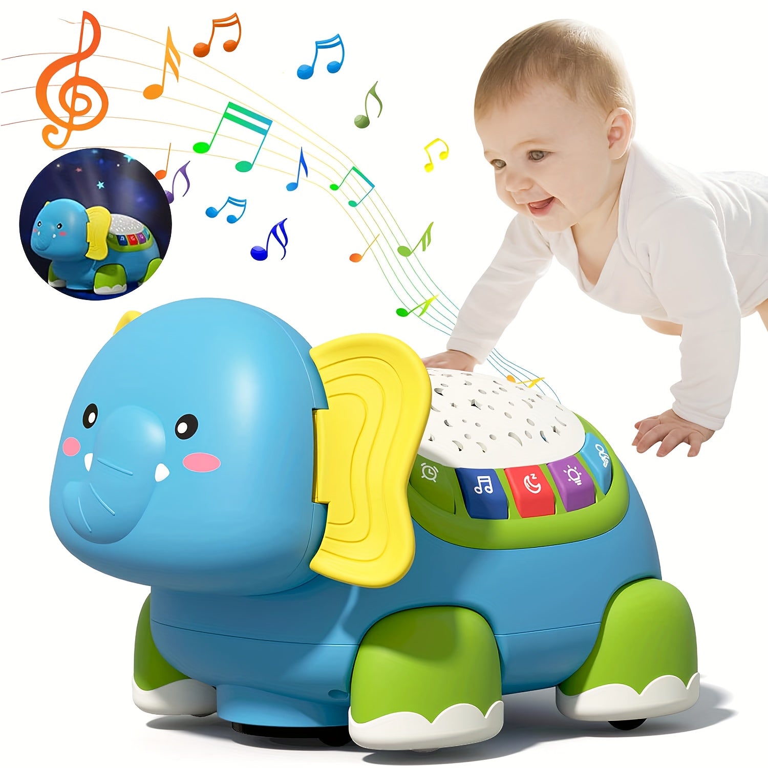 Crawling Baby Toys, Infant Tummy Time Toys with Star Projector Music and Light, Elephant Interactive Sensory Toy for Baby, Early Developmental Toys for Boys Girls, Christmas Gift