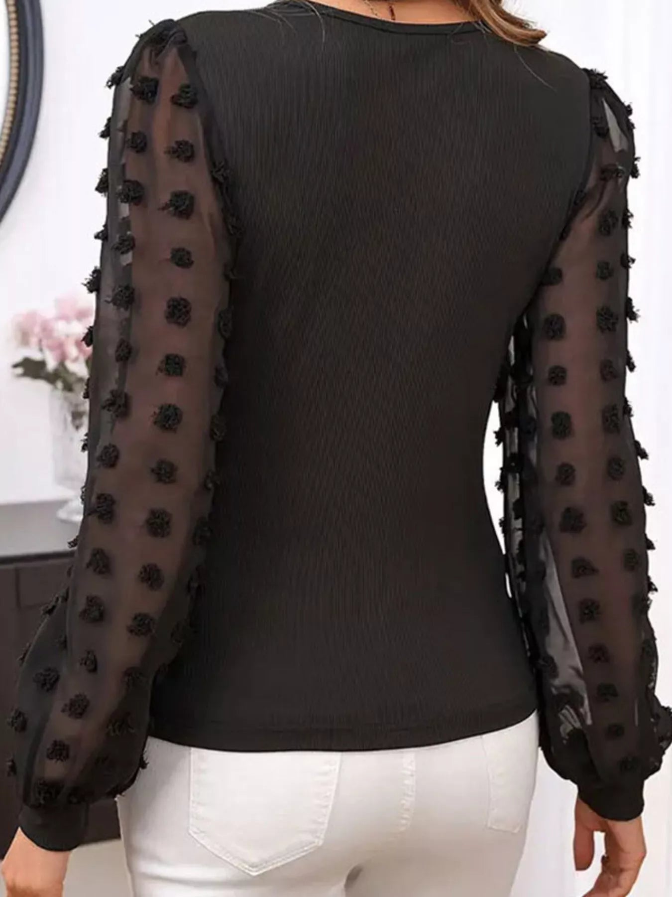 Ribbed V-Neck Mesh Sleeve Blouse