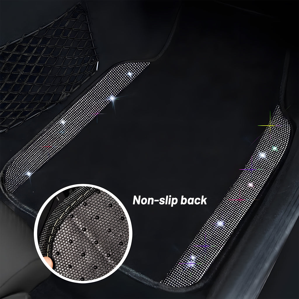 Car Floor Mats Shining Rhinestones Carpet, Bling Crystal Diamond Sparkly Glitter Car Floor Mats with Anti-Slip PVC Heel Pad Automotive Universal for SUV, Sedan, Car, Van, 4pcs for Girl Women