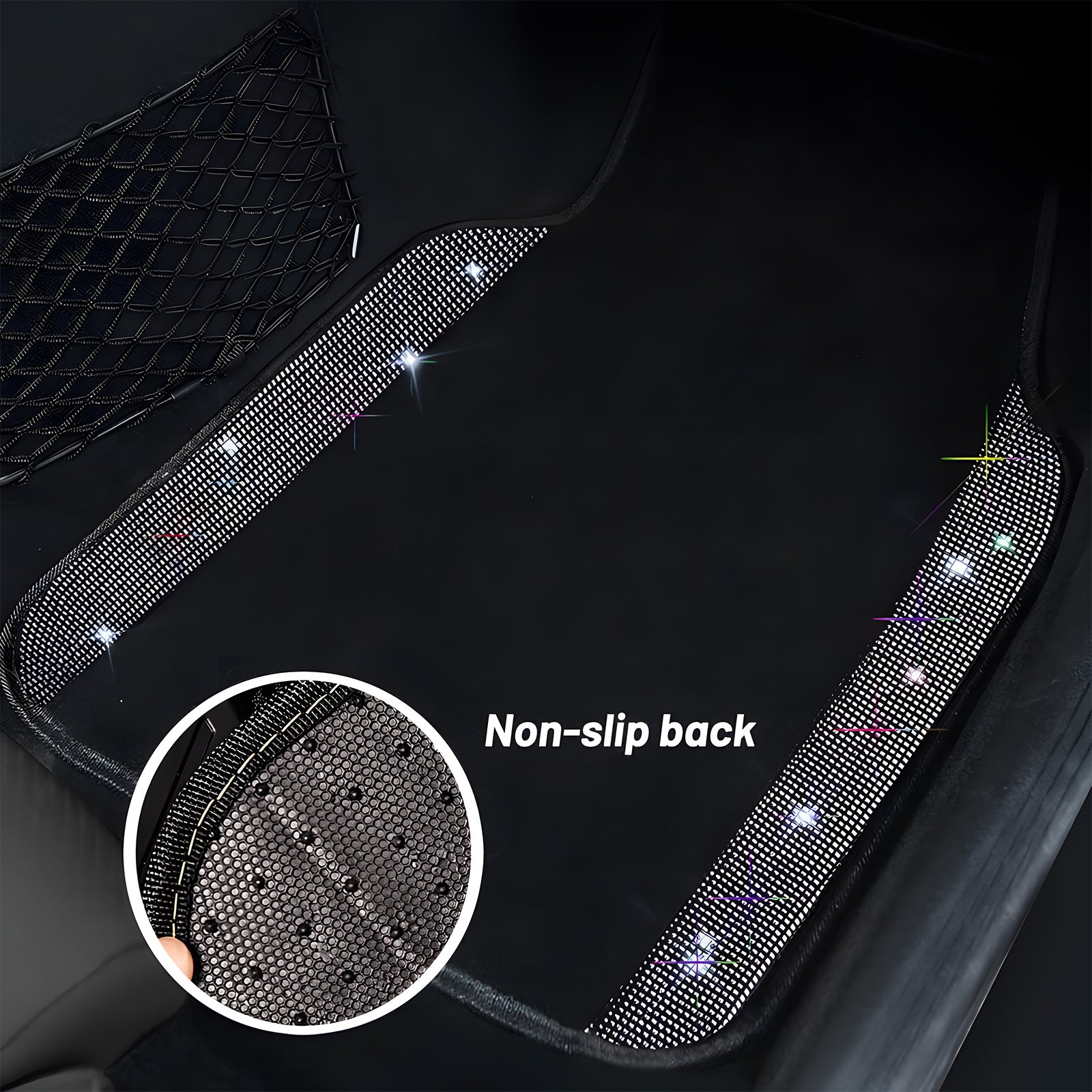 Car Floor Mats Shining Rhinestones Carpet, Bling Crystal Diamond Sparkly Glitter Car Floor Mats with Anti-Slip PVC Heel Pad Automotive Universal for SUV, Sedan, Car, Van, 4pcs for Girl Women