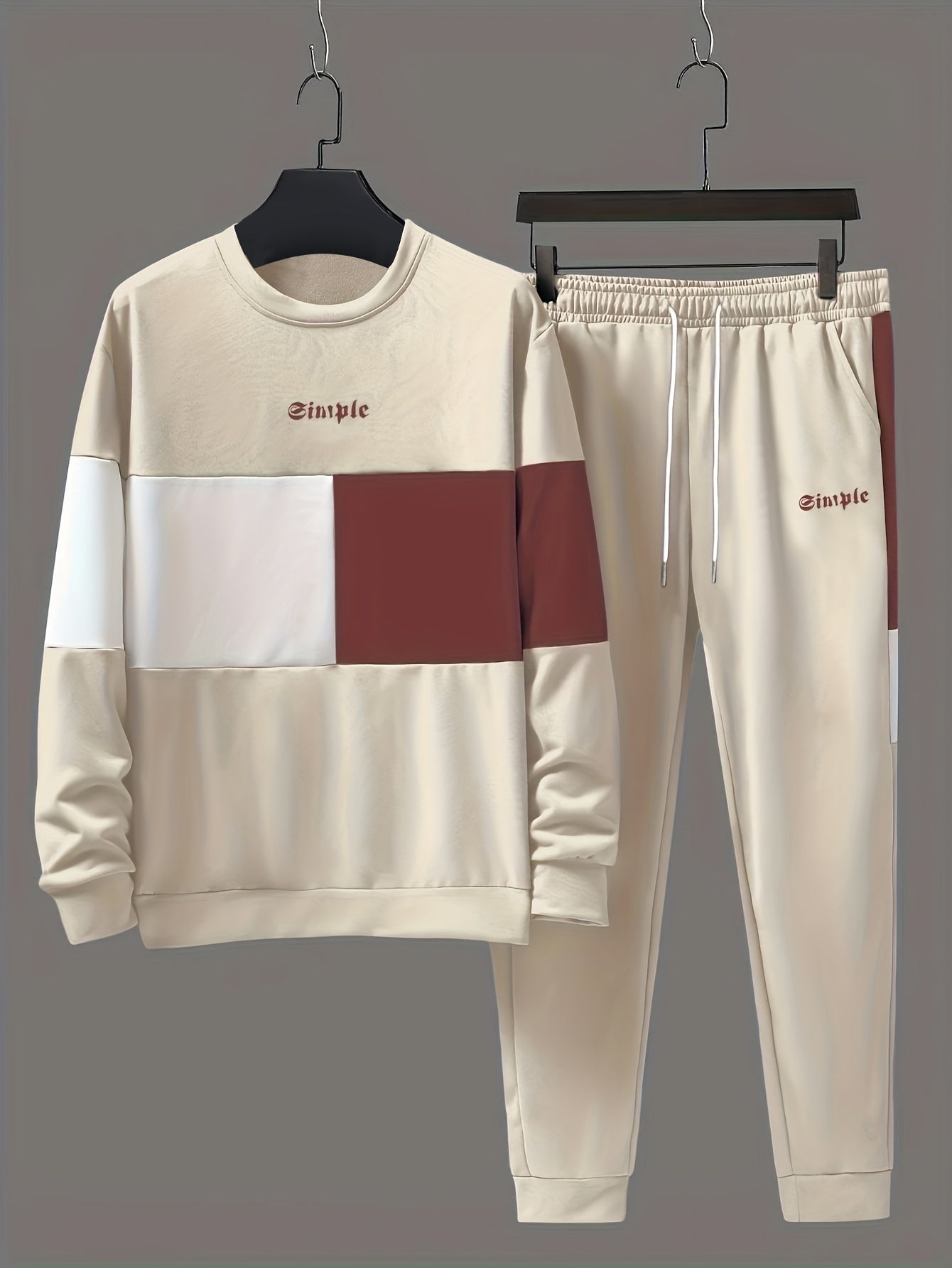 Plus Size Men's "Simple" Print Sweatshirt & Sweatpants Set For Autumn/spring, Contrast Color Thin 2Pcs Outfits For Sports/outdoor, Men's Clothing