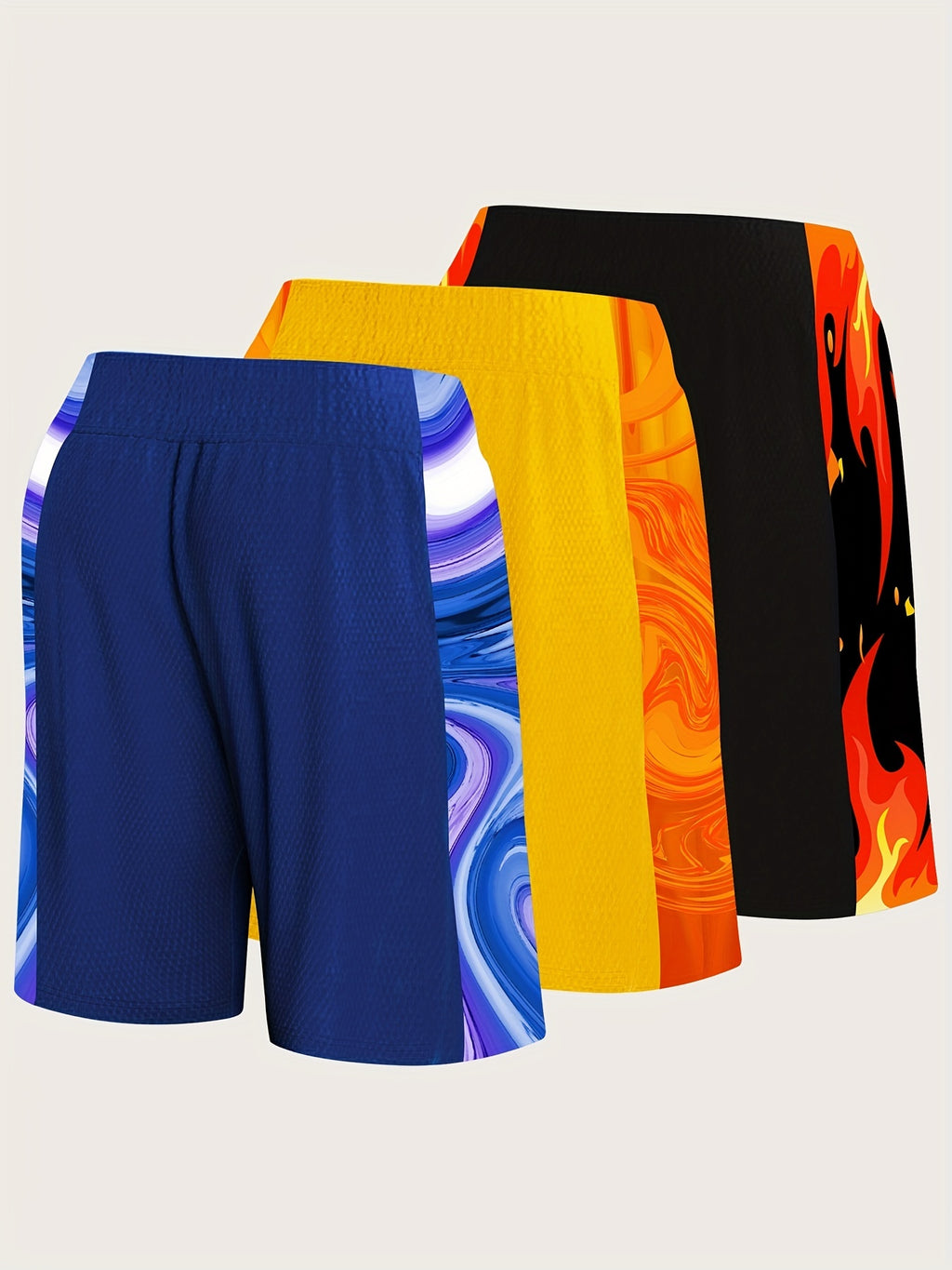 3-Pack Men'S Plus Size Athletic Shorts, Polyester Knit, Sports Style, Loose Fit, Random Print, Drawstring, Pockets, with 150g/m² Lightweight Fabric