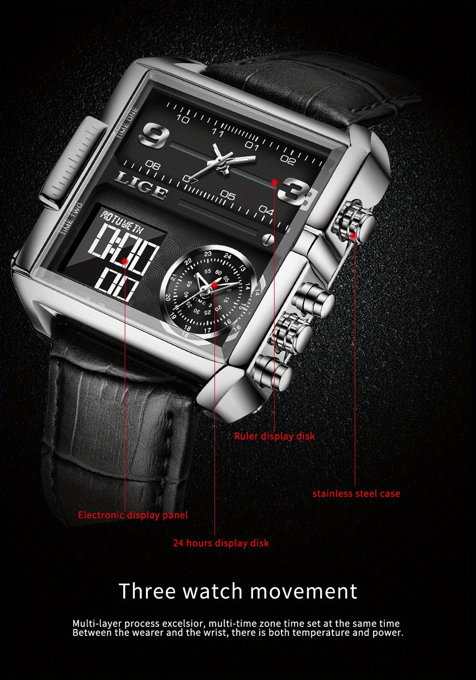 LIGE Fashion Men's Sports Square Analog Big Quartz Watch, Ideal Choice For Gifts