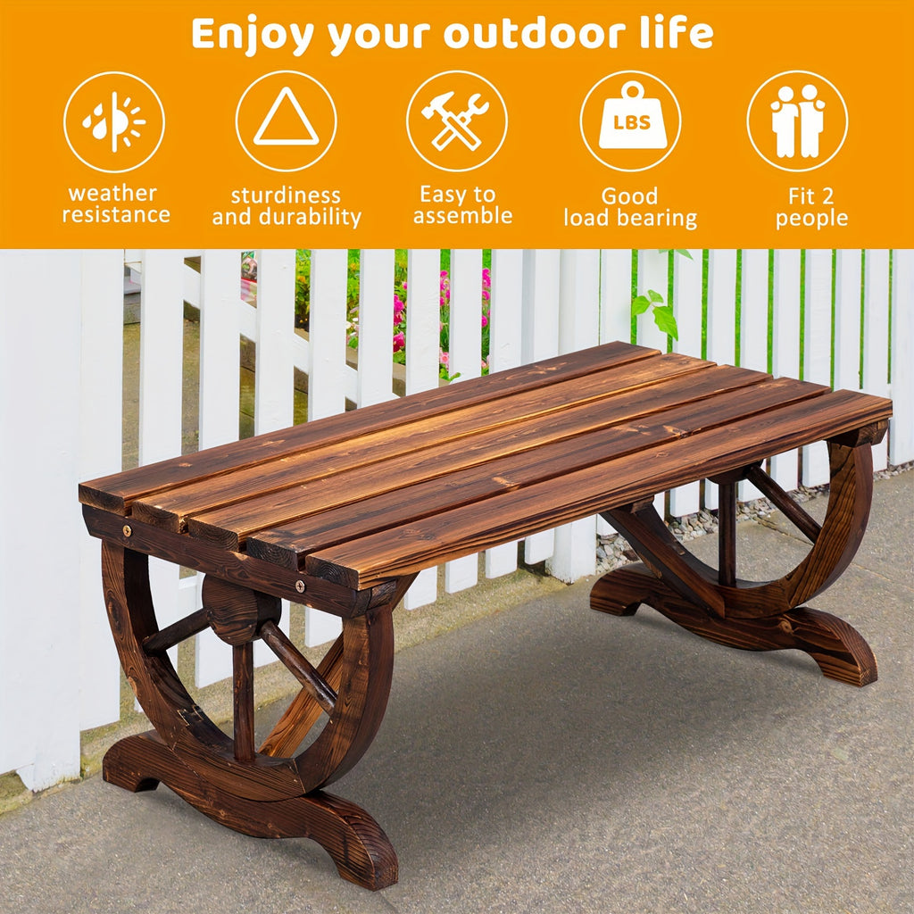 Outdoor 2-Person Rustic Hardwood Garden Bench with Wagon Wheel Design - Heavy-Duty Brown Wood Construction, Sturdy Wide Seat & Curved Backrest for Patio, Porch, Backyard - Durable All-Weather Furniture (No Batteries/Electrici