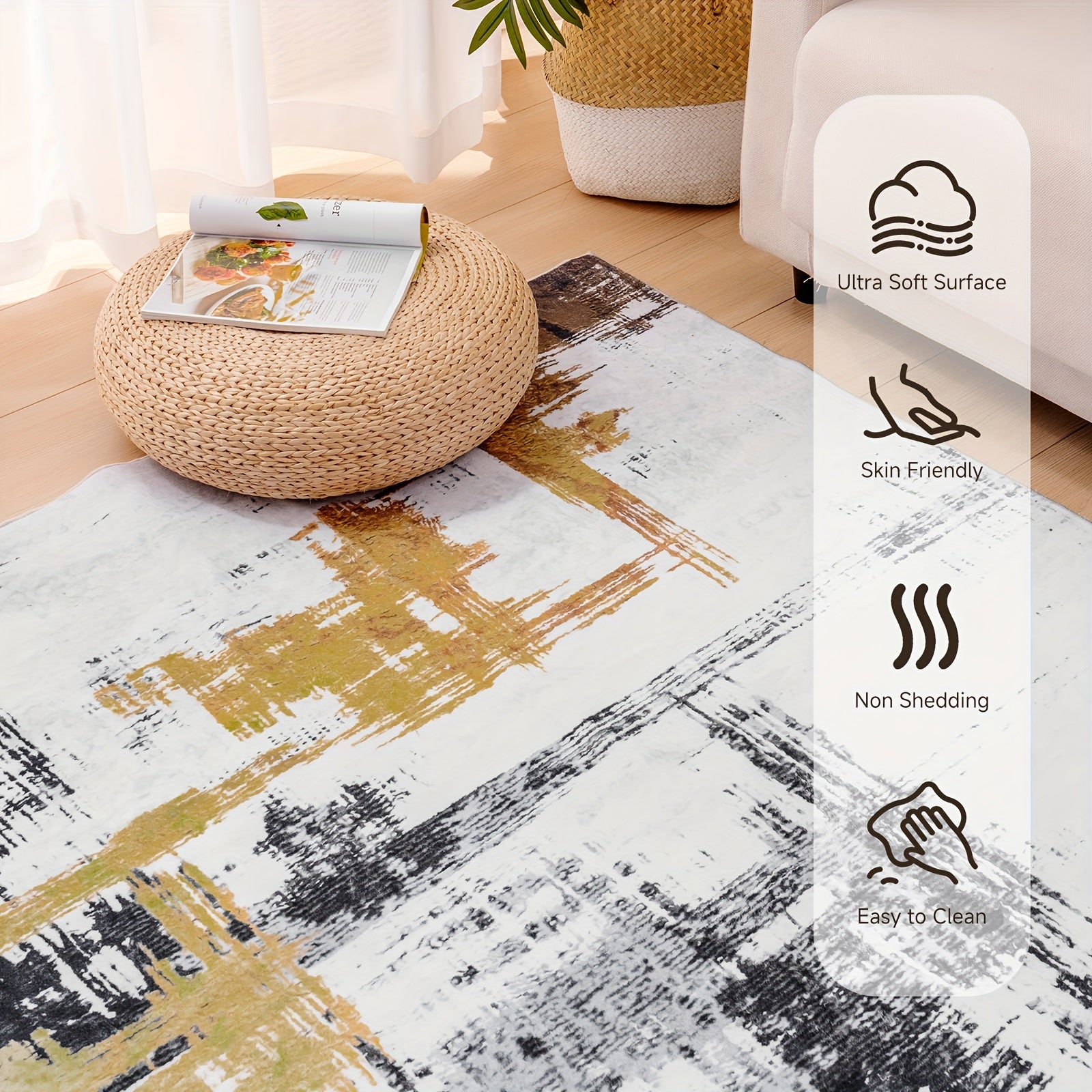 1 pc Machine Washable Rugs 8'x10' Abstract Washable Area Rugs for Living Room Non-Slip Rugs Bedroom Modern Braided Rugs Bohemian Rugs Soft Rugs Kitchen Dining Room Rugs Home Décor Office Rugs Black (Black)