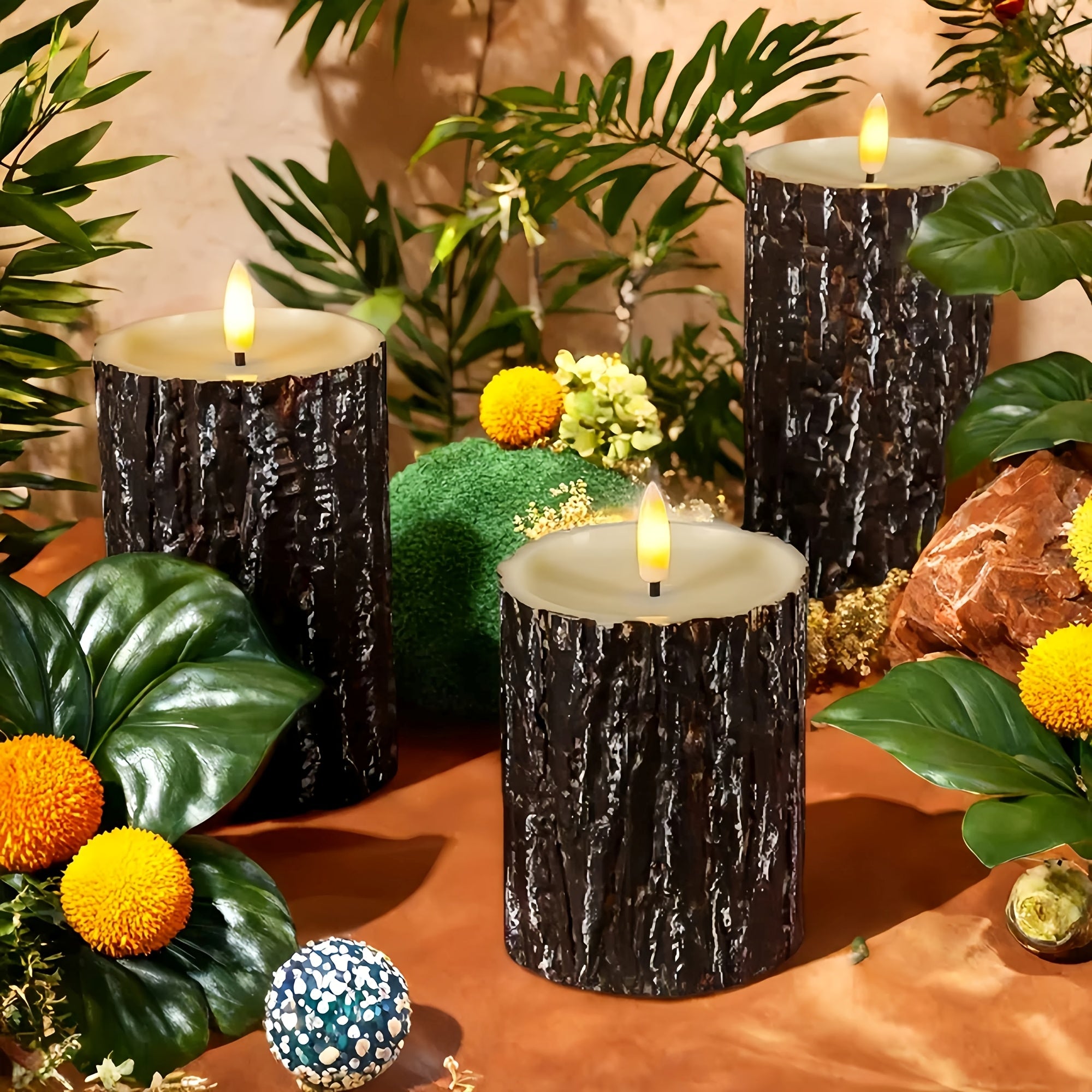 3pcs Rustic Wooden Flameless Candle Set - Artificial Tree Design, Battery Operated, Festive Tabletop Decor for Wedding, Easter, Mother'S Day, Fireplace Mantel, No Battery Included, Seasonal Celebration Decor | Natural Wood Fi