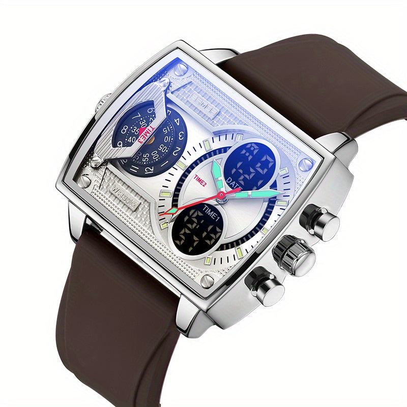 Large Dial Multi Time Zone Men's Watch, Square Dual Display Multifunctional Sports Watch with Dual Time Zone, Date, Alarm, and Stopwatch Functions