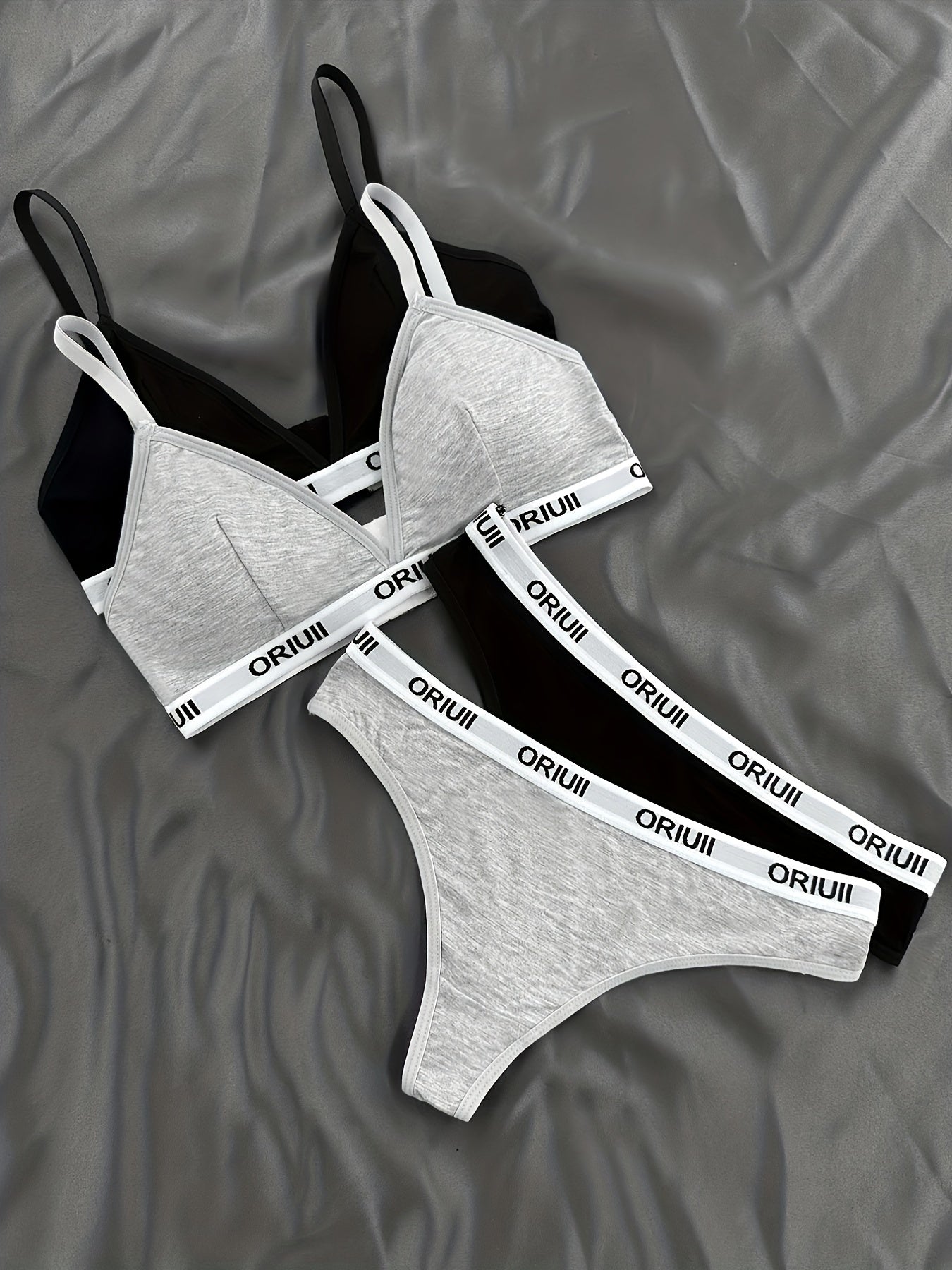 2 Sets Letter Print Bra & Panties, Wireless Sports Bra & Elastic Thong Lingerie Set, Women's Lingerie & Underwear