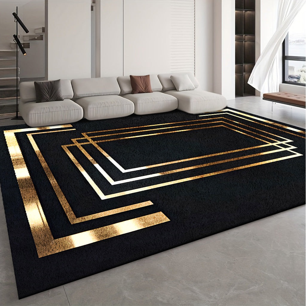 Luxurious Velvet 850g/m² Extra Large Area Mat - Modern Geometric Design with Golden Accents, Soft & Durable Polyester, Machine Washable & Non-Slip Backing, Perfect for Living Room, Bedroom, Office, or Game Room, Rugs for Liv