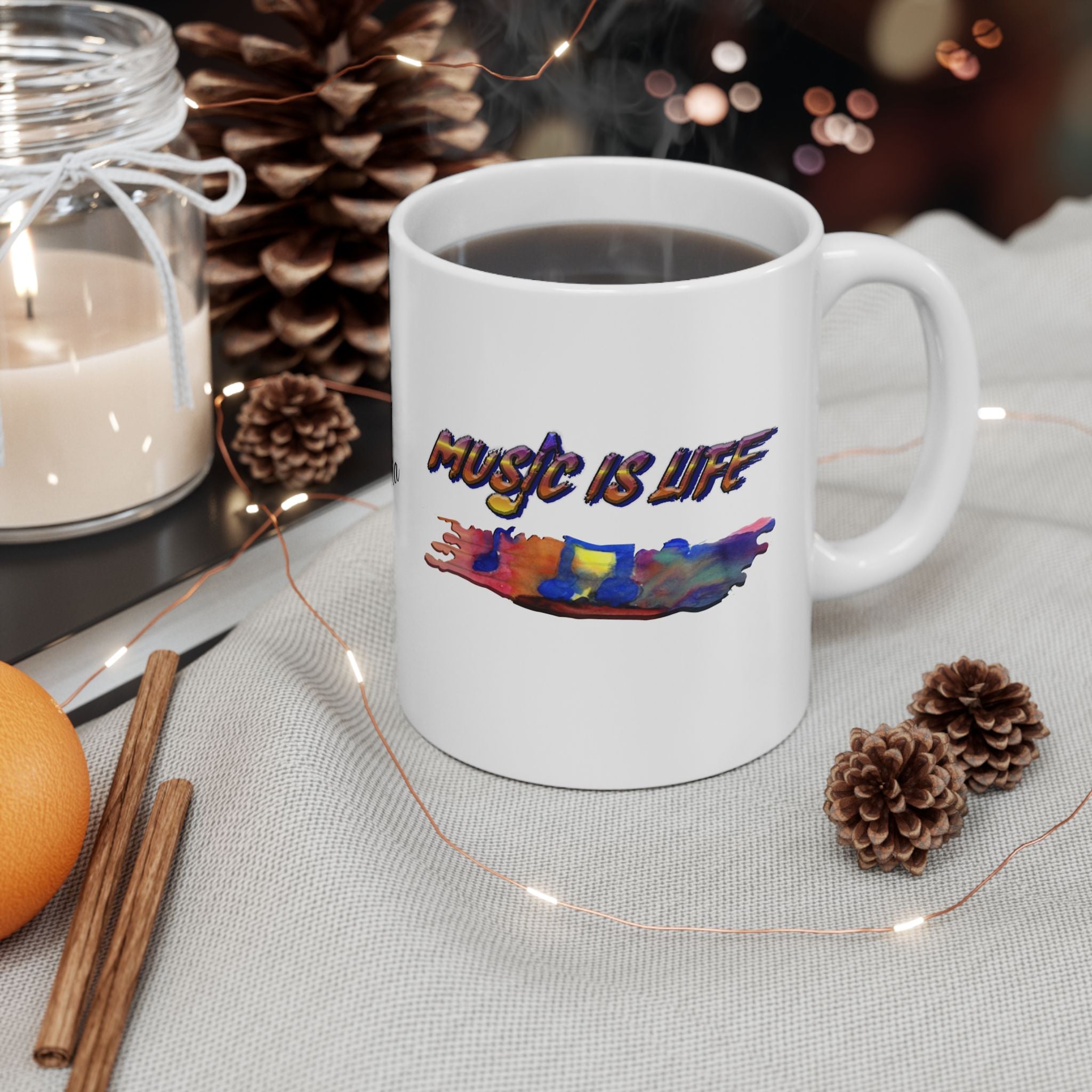 Music is Life Ceramic Mug — Colorful Drip Wave Coffee Cup (11oz, 15oz)