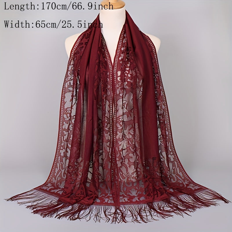 Ladies Women's Floral Lace Scarf Shawl With Tassels, Soft Mesh Fringe Wraps Bridal Shawl For Wedding Evening Party Dresses