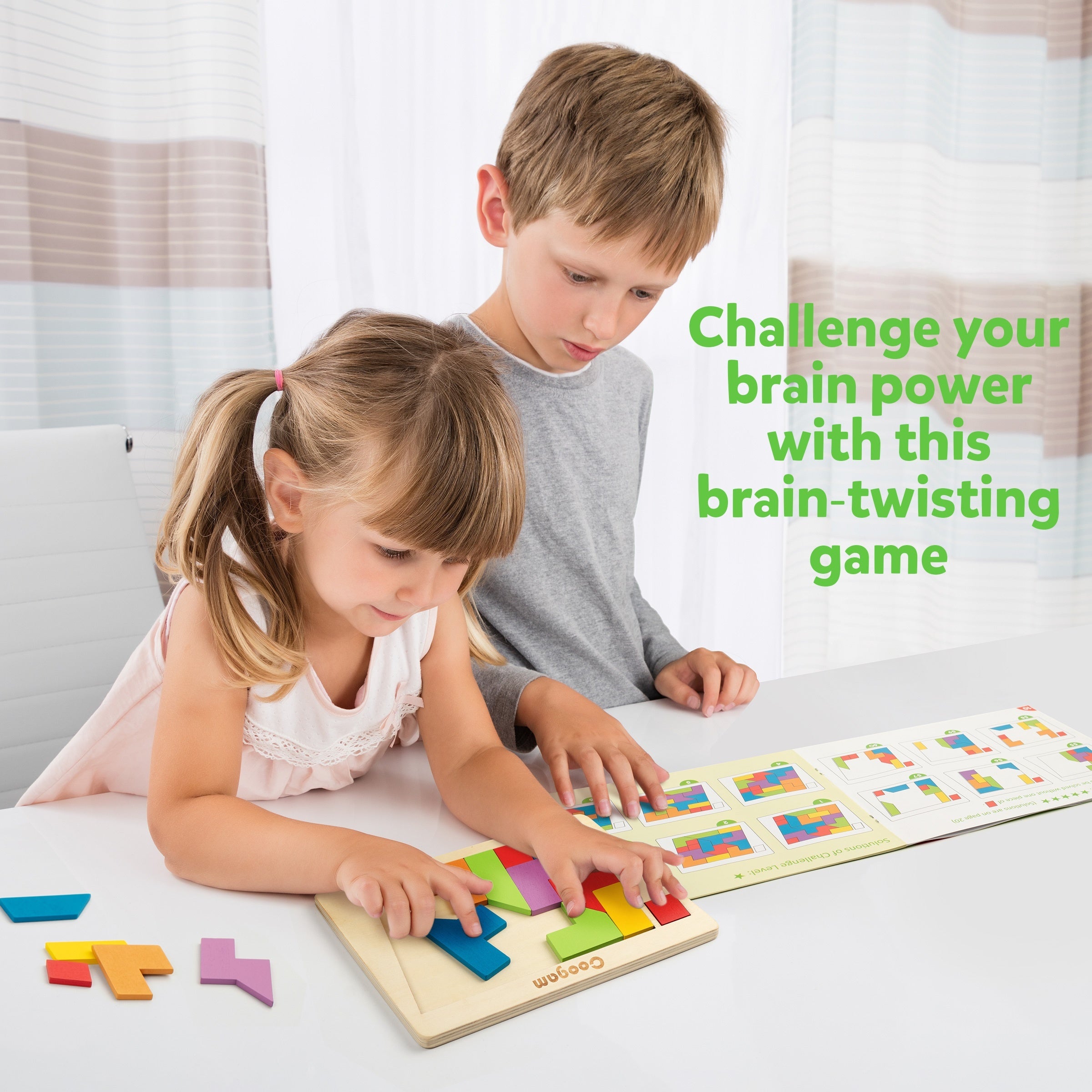 Coogam Wooden Puzzle Blocks Geometric Tangram Brain Teasers Jigsaw 3D Logic IQ Game Colorful Shape Pattern STEM Educational Toys Gift 60 Challenges For All Age