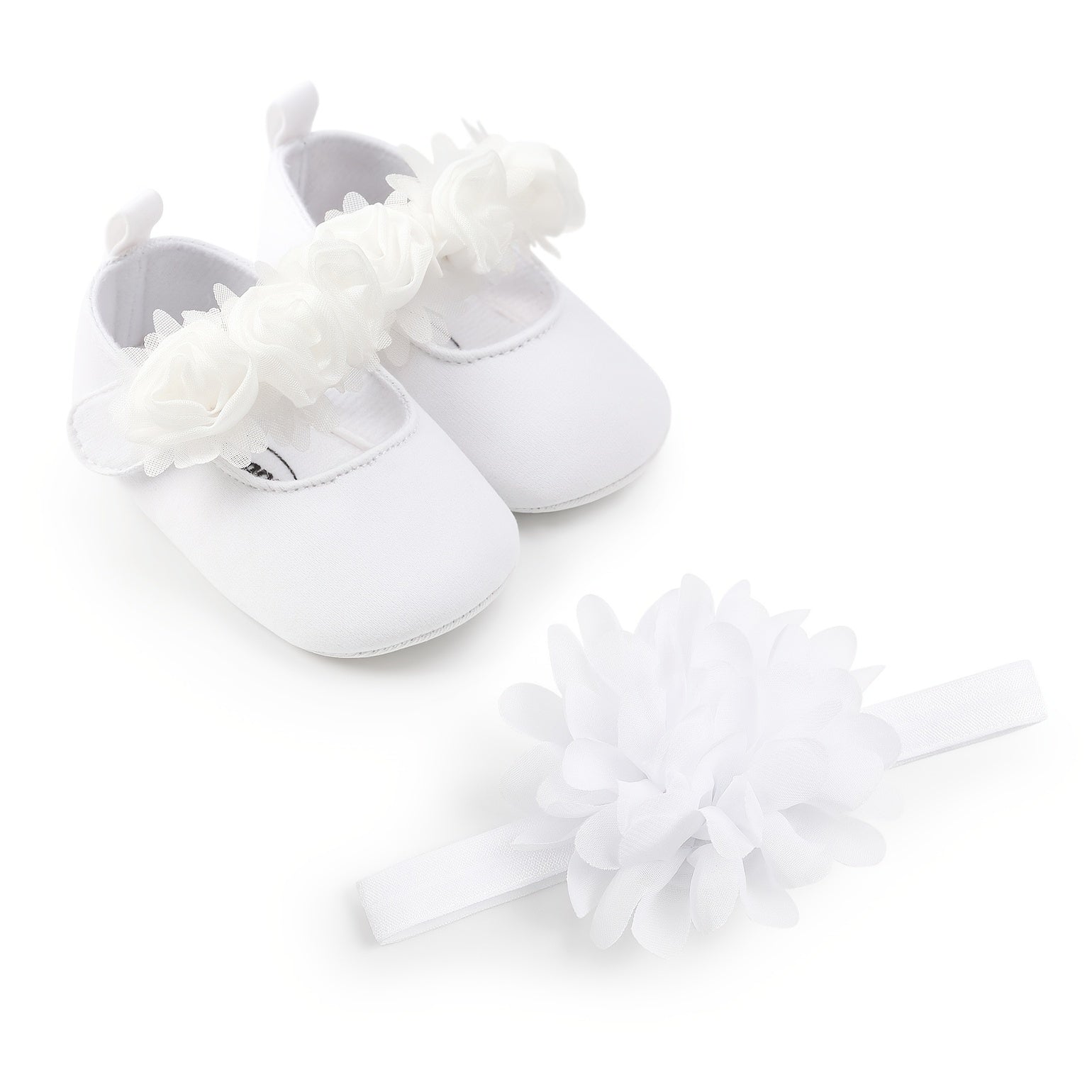 Baby Girls Mary Jane Flat Shoes With Floral Decor & Headband, Princess Wedding Crib Shoes For Infant Newborn First Walkers Prewalkers