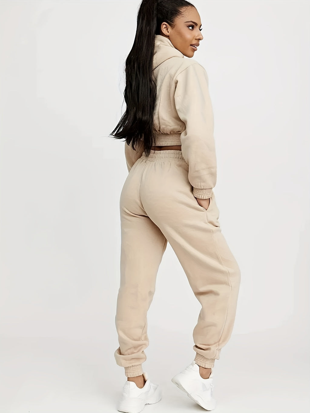 2pcs Plain High Stretch Sporty Suit, Long Sleeves Drawstring Hooded Sweatshirt & Jogging Pant Sports Set, Women's Activewear